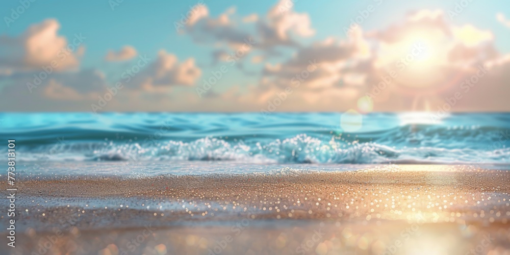 Wall mural seascape abstract beach background. blur bokeh light of calm sea and sky. focus on sand foreground