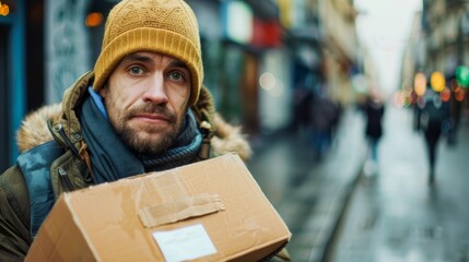 Homeless man with a beard wearing winter clothing holding a cardboard box on a city street

