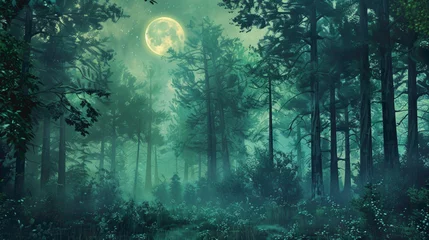 Fotobehang A tranquil forest scene bathed in the soft glow of moonlight, with hues of emerald green and midnight blue blending harmoniously together. © Hamza