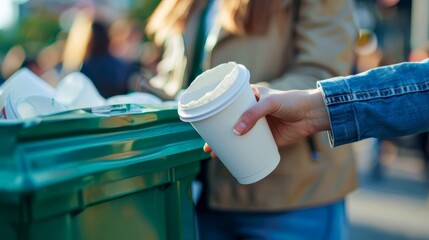 Hand disposing of a disposable coffee cup into a recycling bin in an urban setting