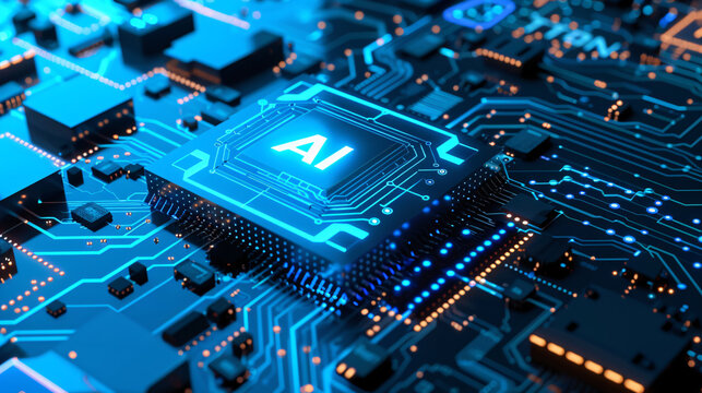 3d view of an ai processor with glowing lights and city like architecture 