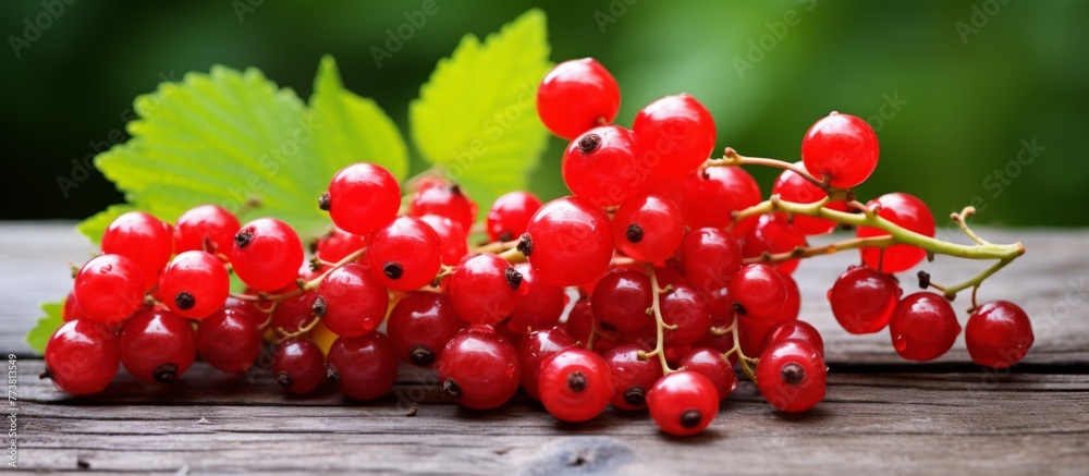 Canvas Prints A close-up view of a bunch of ripe red currants placed on a rustic wooden table, showcasing their vibrant color and juicy texture