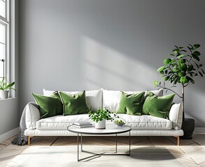 White sofa with green pillows near window and coffee table against grey wall in modern living room interior, 3D rendering