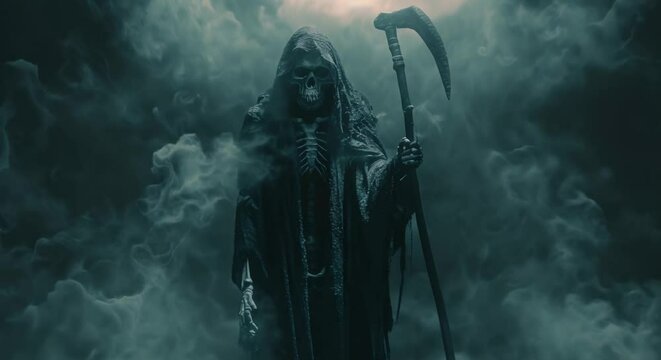 Skeletal Figure In Cloak Standing With Scythe In Hand