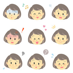 年配女性の喜怒哀楽表情セット（シニア/顔だけ/主線なし）
