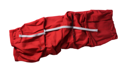 A vibrant red blanket adorned with a crisp white stripe