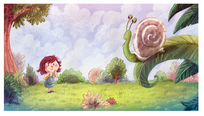 Little girl looking at a snail in nature - 773813961