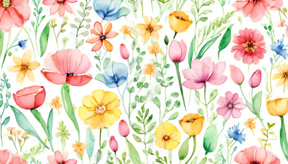 Seasonal flowers on white background, colorful watercolor illustration