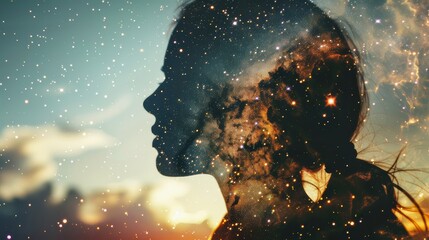 Silhouette of a woman overlaid with a cosmic galaxy background - obrazy, fototapety, plakaty