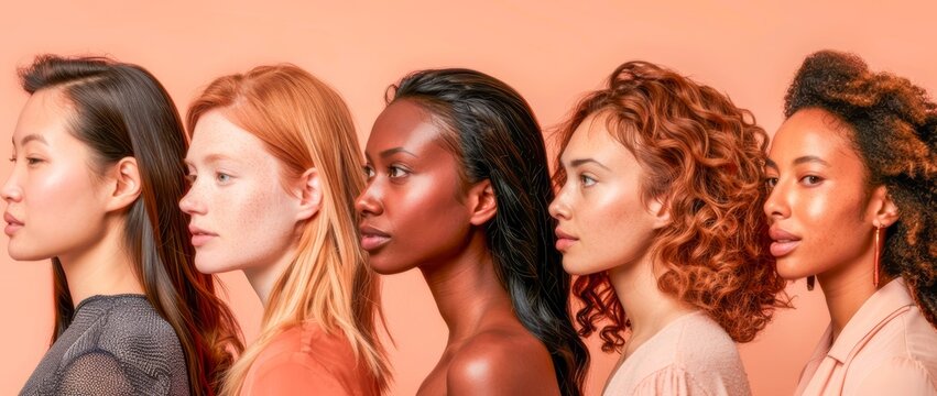 Side profiles of five diverse women against an orange background