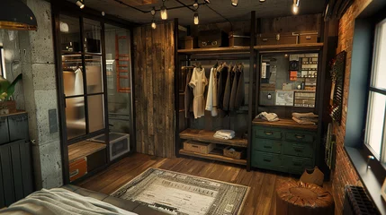 Draagtas An industrial-chic dressing area with a repurposed wardrobe crafted from reclaimed wood and metal accents, blending rustic charm with modern style. 8K © Sumia