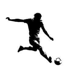 Football player kicking ball, isolated vector silhouette. Soccer logo - obrazy, fototapety, plakaty
