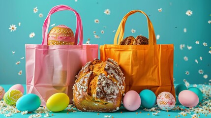 Easter celebration pastries and eggs nestled in pink and orange bags against a blue backdrop, signifying spring's joy and rebirth