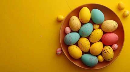 Fototapeta na wymiar A vibrant ensemble of speckled Easter eggs in a terracotta plate over a lively yellow backdrop, illustrating the colorful celebration of spring