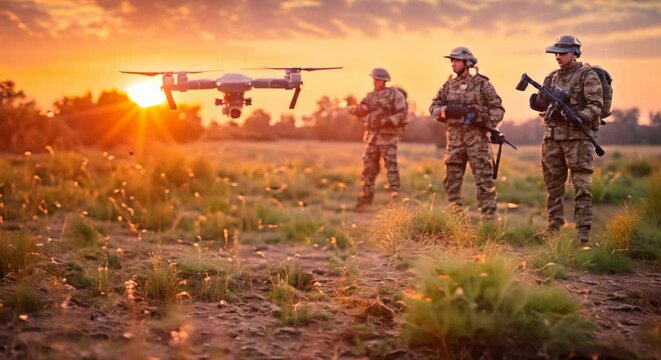 Soldiers Use Drones For Reconnaissance And Battlefield Medical Aid In War