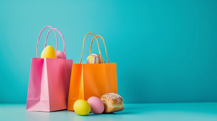 Springtime Easter showcase with pink and orange bags and an array of painted eggs on a tranquil blue background, a celebration of rebirth and joy - obrazy, fototapety, plakaty
