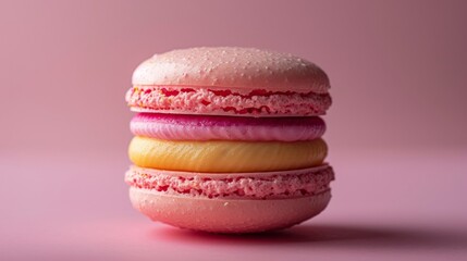 Stacked pink and yellow macarons with detailed texture on a vibrant pink backdrop, ideal for LGBTQ Pride Month celebration themes