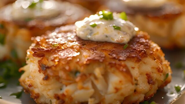 A closeup of a buttery flaky crab cake topped with a dollop of tartar sauce.