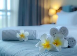 Fototapeta na wymiar White towels and frangipani flowers on the bed in a luxury hotel room with a blurred background of Thailand