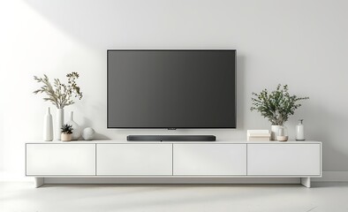 White wall with a modern TV stand and black screen, a minimalistic interior design of the living room in a light gray color, space for text or logo copy, a closeup view - obrazy, fototapety, plakaty