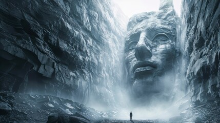 Enigmatic large stone face sculpture carved into a misty rocky cliff with a person standing in awe - obrazy, fototapety, plakaty