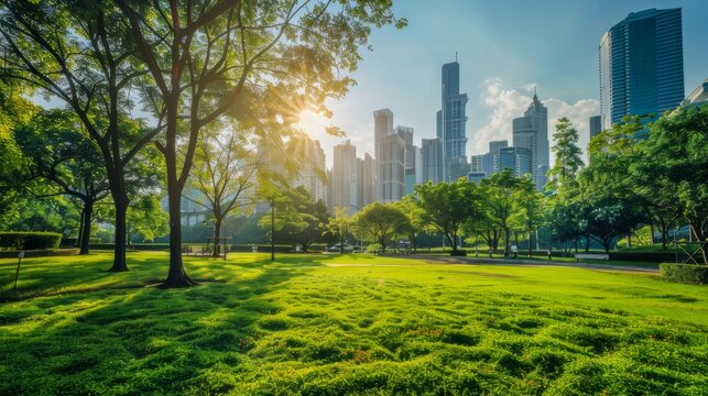Scenic view of a city park with lush greenery and skyline during sunrise