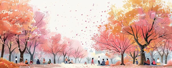 Cherry blossom viewing in South Korea: picnics under blooming cherry trees create a picturesque scene of relaxation and appreciation for nature's beauty. Art illustration. - obrazy, fototapety, plakaty