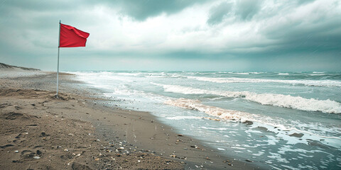 Sign forbidden to swim and go into water concept. Red flag on the beach. A red flag flies in the wind on a windy but sunny summer's day, warning swimmers of dangerous surf conditions