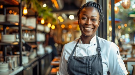 Confident female chef in a professional kitchen with a welcoming smile - obrazy, fototapety, plakaty