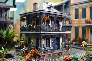 A miniature French Quarter house with iron balconies, a courtyard, and jazz music, set in a New...