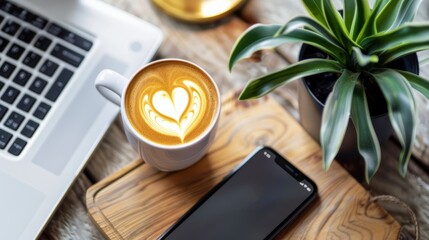 Cozy workspace with a laptop, cup of coffee with latte art, and a smartphone on a wooden desk - obrazy, fototapety, plakaty