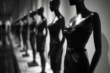 Luxurious fashionable black evening dresses on black mannequins standing in a row. Black and white image. Generated by artificial intelligence