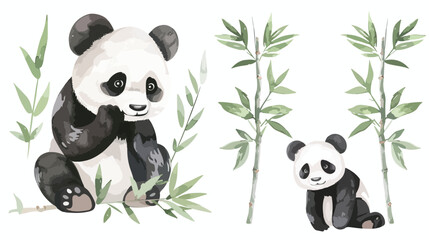 Panda cub and bamboo on a white background hand drawn