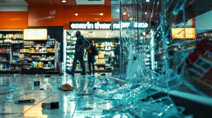 Aftermath of a burglary in a store with shattered glass and scattered merchandise - obrazy, fototapety, plakaty