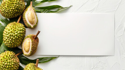 Ripe stinky durian fruit and green leaves on textured background with blank card with copy space for text.