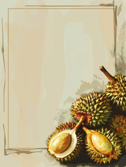 Ripe durian fruit on textured background with blank card with copy space for text.