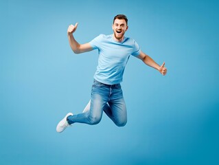 A man in a blue shirt and jeans is jumping in the air and giving a thumbs up. Concept of joy and excitement, as the man is celebrating or expressing happiness