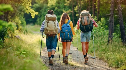 Three people are walking in the woods, each carrying a backpack. Scene is peaceful and serene, as...