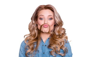 Close up photo amazing beautiful she her lady fooling around making moustache with curl like guy man male he him his careless wearing casual jeans denim shirt clothes outfit isolated grey background