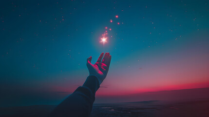 Emotional Farewell: Hand Catching a Falling Star Against the Dawn Sky