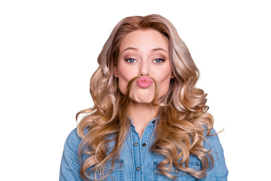 Close up photo amazing beautiful she her lady fooling around making moustache with curl like guy man male he him his careless wearing casual jeans denim shirt clothes outfit isolated grey background