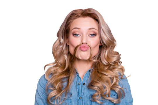 Close up photo amazing beautiful she her lady fooling around making moustache with curl like guy man male he him his careless wearing casual jeans denim shirt clothes outfit isolated grey background - Powered by Adobe