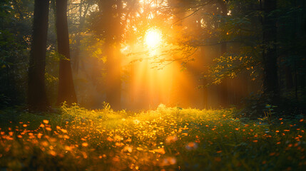 Lumière du soleil filtrant à travers les arbres d'une forêt - obrazy, fototapety, plakaty