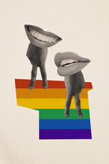 Creative abstract сollage two hands on lgbt flag mouths talking support homosexual gay lesbian bisexual transgender communication - obrazy, fototapety, plakaty
