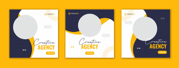 Round organic shape social media post design, corporate agency square template set, yellow color web post © AlignedArt