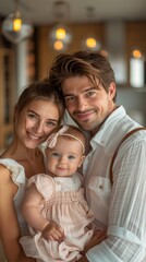 Obraz premium Happy family portrait with a smiling baby. A gleeful young family poses for a portrait, with the beaming baby taking center stage in a cozy environment