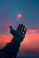 Emotional Farewell: Hand Catching a Falling Star Against the Dawn Sky - obrazy, fototapety, plakaty