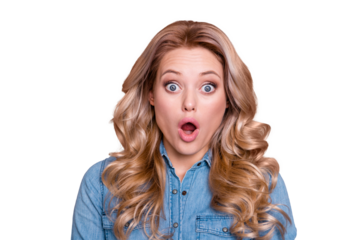 Close up photo amazing beautiful she her lady look big full fear eyes open mouth oh no expression despair displeased wearing casual jeans denim shirt clothes outfit isolated grey background