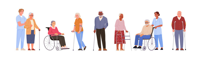 Aged people with assistive devices. Vector illustration in cartoon flat style of senior people with crutches, canes, walkers and wheelchairs, and nurses. Isolated on transparent background.