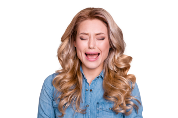 Close-up portrait of nice cute attractive desperate wavy-haired miserable lady crying having bad news day isolated over gray violet purple pastel background